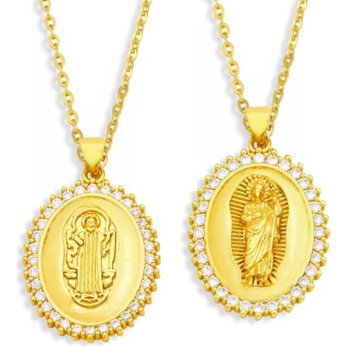 FLOLA Gold Chain Jesus Necklace For Women Copper CZ White Stone Oval Short Necklace Pendant Religious Jewelry nkew43