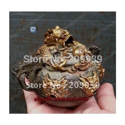 Chinese Collection Ancient Bronze Excavated Statues gilded dragon Incense Burner