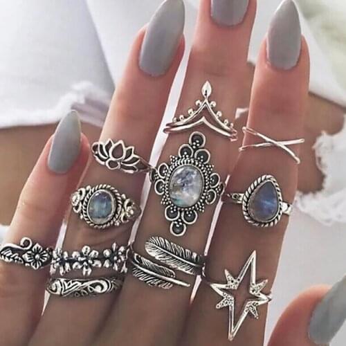 11 Piece Set Retro Female Geometric Ring Charming Women Rhinestone Ring Accessories Creative Ladies Party Jewelry Gifts