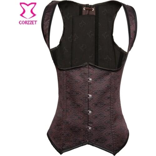 Corzzet Brown Steampunk Tight Lacing Brocade Underbust Waist slimming Corset Steel Boned Bustiers Top Corpetes Women For Korsett