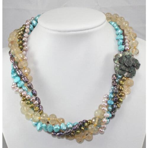 Ladys beautiful accessory ! 4 Strands Multicolor Cultured Pearl Necklace Shell Flower Buckle