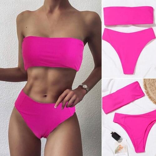 Hot kf-Sexy Bikini Set Swimwear Women Bandeau Female Solid Swimsuit Bathing Suit Beach Wear Biquini