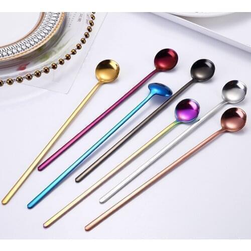 Rainbow Color Coffee Tea Stir Spoon Long Handle Ice Cream Dessert Spoons Eco-Friendly Stainless Steel Tableware Kitchen Supplies