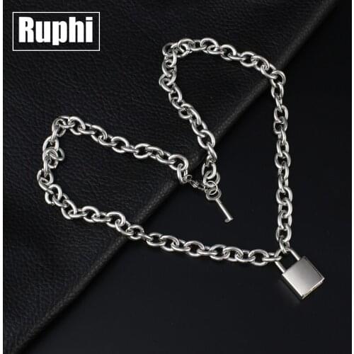 Handmade Men Women Unisex Stainless Steel Chain Heavy Duty Genuine Square Lock and key Padlock Pendant Choker Necklace Jewelry