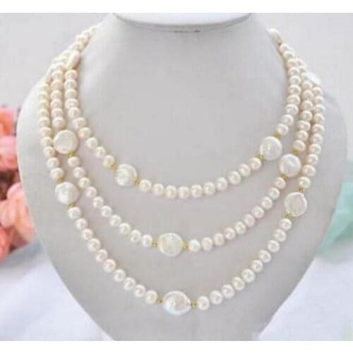 Fashion jewelry Free Shipping Long beautiful 7-8 south sea white pearl coin necklace 50 inch
