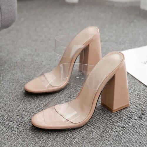 2021 Summer Square High Heels Mules Women Slippers PVC Transparent Slides Casual Slippers Shoes Size 35-42 Sandals Women