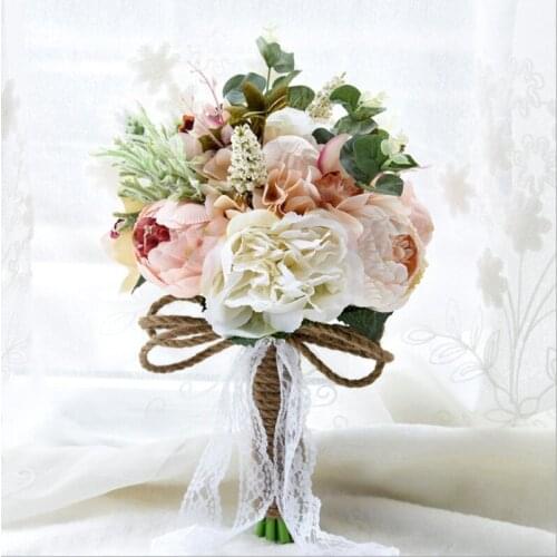 Real Image 4 Color Rose Wedding Bouquets Bridal Bridesmaid Flower Artificial Simulate Ivory Flower Bouquet With Lace And Rope
