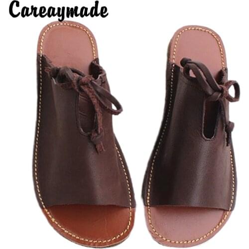 Careaymade-New Handmade 100% Cowskin Chic Womens Sandals 2019 Retro Cowskin Bottom Ins Roman Leather Slippers,2 colors