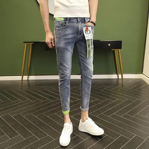 Spring and summer new ankle length denim jeans mens 2021 Korean slim casual elastic feet thin skinny jeans mens pants