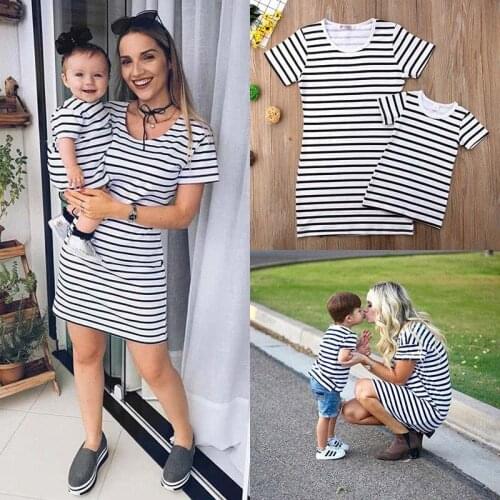 Womens Girl Short Sleeve Striped Mini Dress Mother Daughter Dresses Family Matching Kids Parent Outfits Summer Family Clothes