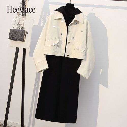 Plus size women autumn two piece set 5XL black long Hoodies sweatshirt dresses and white long sleeve sequins coats set for women