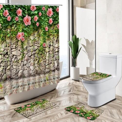 Retro Vintage Stone Brick Wall Shower Curtain Plant Flower Vine Spring Scenery Non-Slip Rug Toilet Cover Bath Mat Bathroom Set