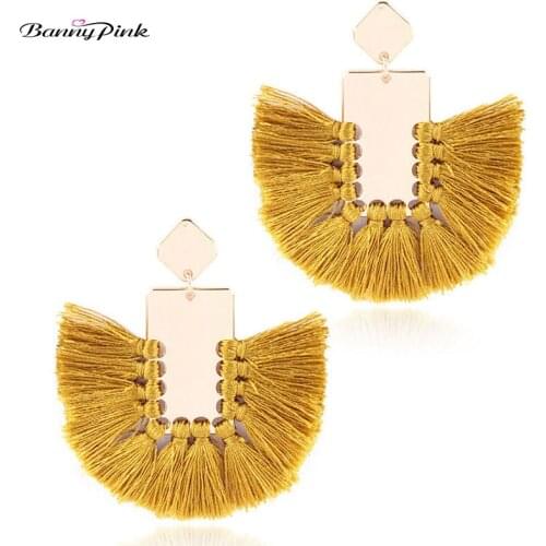 Banny Pink Boho Tassel Earrings For Women Big Cotton Fringed Earrings New Alloy Geometric Statement Pendant Dangle Drop Earrings