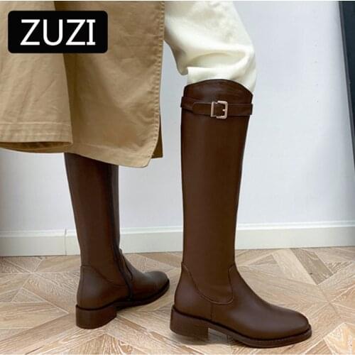 ZUZI Western Boots Black Artificial Leather Knee High Boots Women Pointed Toe Winter Long Boots Chunky Heels Cowboy Knight Boots