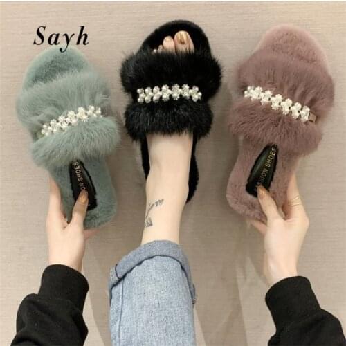 Winter Autumn Flat Slippers Women Warm Faux Fur Mules Pearls Rhinestones Open Toe Casual Shoes Outdoor Cotton Shoes Size