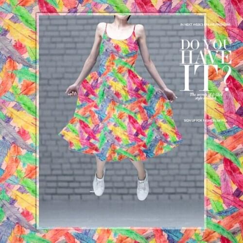 140cm wide 13.5mm colorful feather print silk linen fabric for summer shirt dress a little transparent and hard fabric