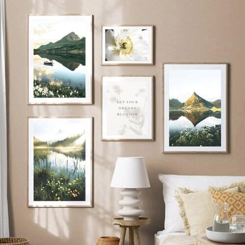 Spring Floral Botanical Wall Art Blooming Poppy Canvas Paintings Mountain Lake Poster Prints Bedroom Home Decoration Picture