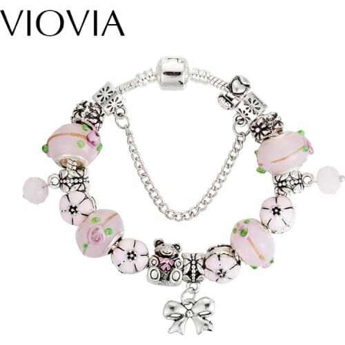 VIOVIA Charm Bracelets & Bangles For Women Pink Acrylic Flower Beads Bow-knot Pendant Lovely Style B15207
