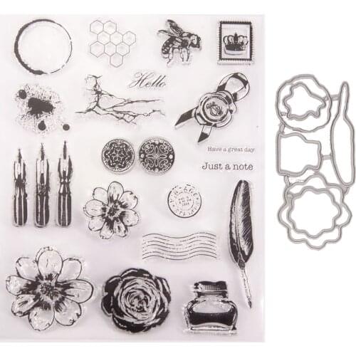 Reunion 2121 Flower Feather Pen Metal Cutting Dies and Stamps Scrapbook Craft Stencil DIY Album Paper Make Template Model