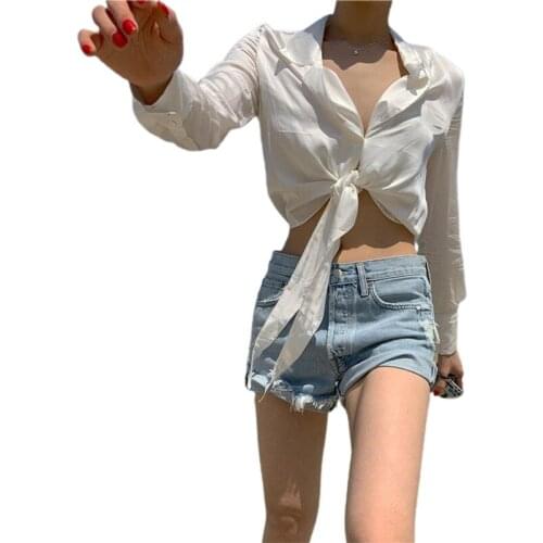 Women Summer Tie-up Satin Drape Shirt Crop Tops Adults Casual Solid Color Long Sleeve Turn-down Collar Cardigan T-shirt Tees