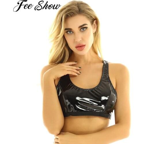 Womens Sexy Erotic Lingerie Latex Bra Top Wet Look Patent Leather Bra Rave Outfits Sleeveless Racer Back Bra Crop Tops Clubwear