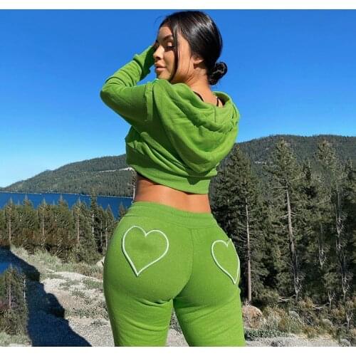 Heart Print Hooded Navel-out Zipper Cardigan Drawstring Women Tracksuits Women Streetwear 2 Piece Sets Fall Matching Sets 2021