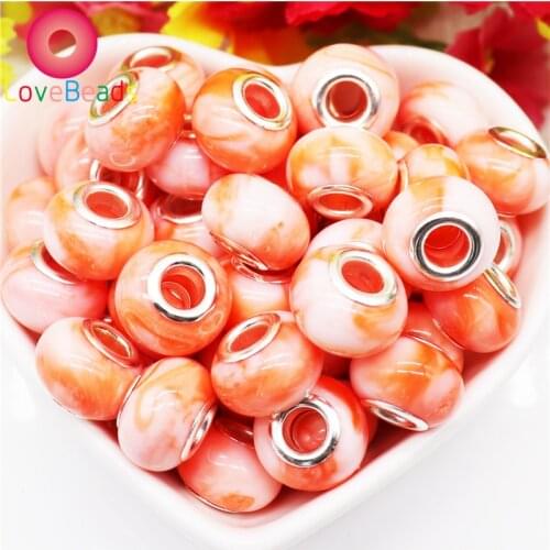 10Pcs New Acrylic Resin Large Hole European Beads Charms Spacer Muranos Fit Pandora Bracelet Bangle Necklace Jewelry Making DIY