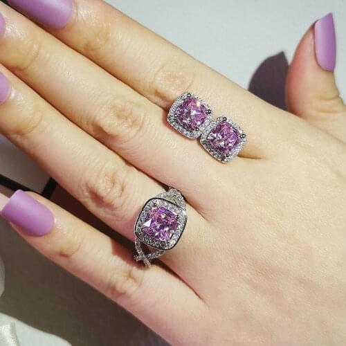 925 Sterling Silver Jewelry Set Halo Engagement Ring Round Stud Earring For Wedding Valentines Day Gift Christmas J4936-pink