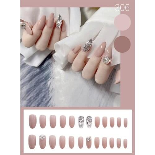 24pcs Pink Diamonds Wear Long Paragraph Fashion Manicure Patch False Nails Save Time Wearable Nail Patch TY