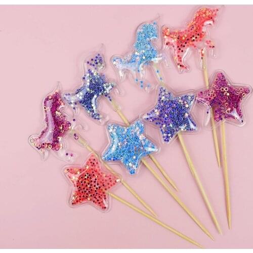 5pcs Mini Star Unicorn Cupcake Topper Transparent Sequin PVC Cake Topper Shiny Cake Flags Kids Birthday Wedding Party Decoration