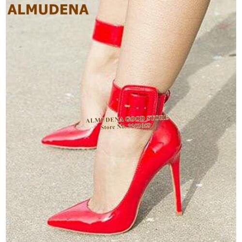 ALMUDENA Patent Leather Square Buckle Pumps Stiletto Heels Pointed Toe Bright Mirror Leather Wedding Shoes Size 46 Dropship