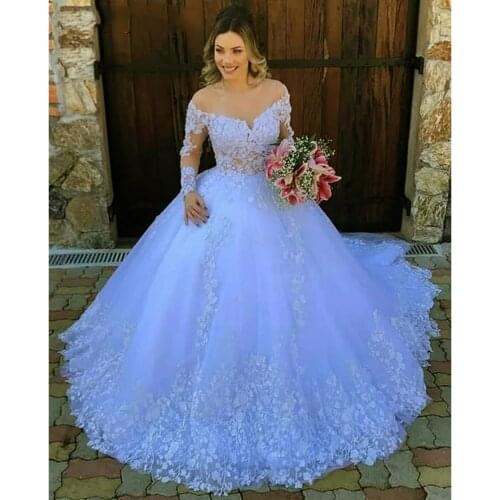 WUZHIYI Princess Ball Gown Bridal Long Sleeves Lace Appliques Nude Tulle Wedding Dresses Custom Made Elegant Robe De Mariee 2021