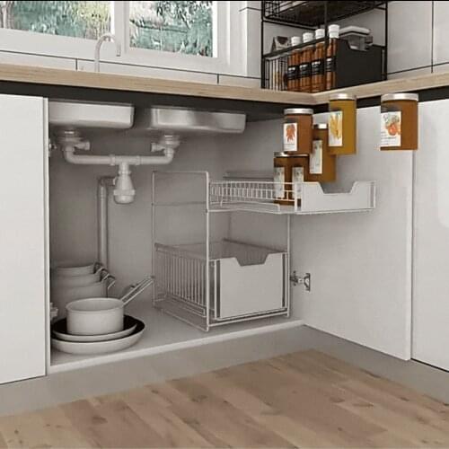 Double Shelf Under The Kitchen Sink Storage Rack Drawer Type Can Be Pushed And Pulled Under The Cabinet Telescopic