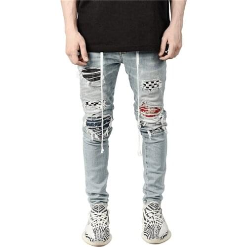 Mens Trousers Large Size Blue Black Hole Slimming Casual Fashion Joker Micro-Elastic Waist Tight Jeans With Small Feet