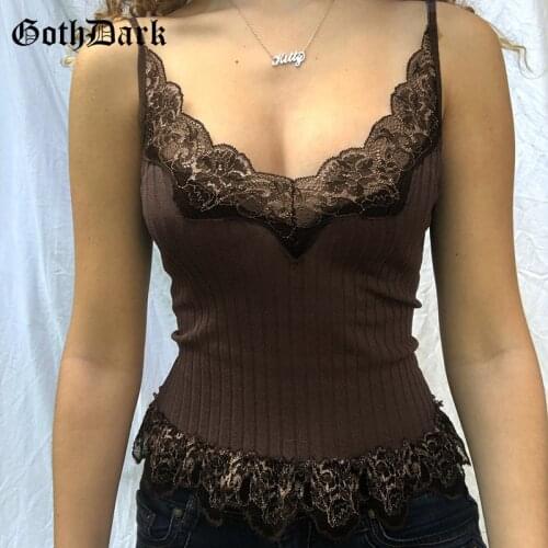 Goth Dark Brown Vintage Gothic Lace Camis Indie Style Harajuku Women Knitted Bodycon Sexy Crop Tops Spaghetti Strap Backless Top