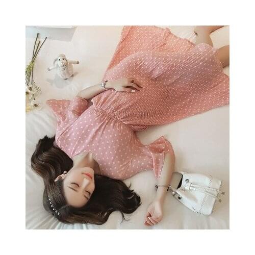 Korean pregnancy Print Chiffon Maternity Dress 2021 Summer Korean Fashion Clothes for Pregnant Women Floral Pregnancy Clothing