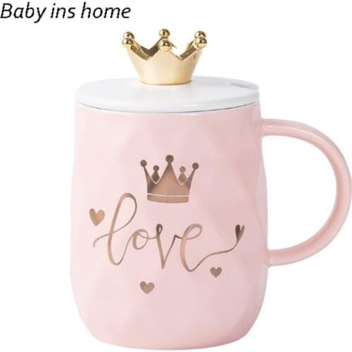 Cup with Lid Spoon 430ml Japanese Style Creative Pink Crown Mug Cute Girl Ceramic Cup Custom Coffee Cup Couple Water Coffee Cups