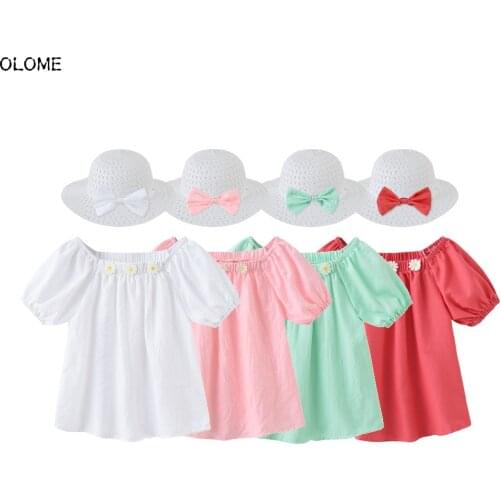 OLOME Summer Sugar Cotton Baby Girls Dresses 2 Pcs Sweetheart Cool Kid-girls Skirt with Hats Short Dress for Little Girls