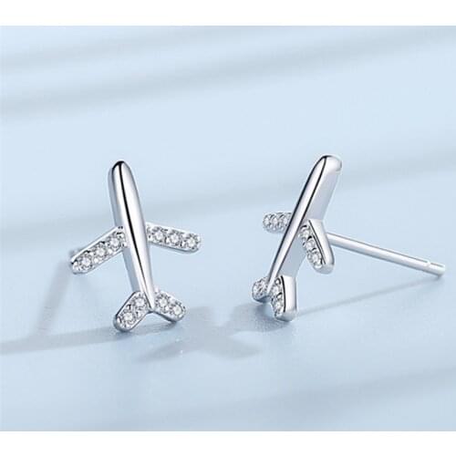 Cute Romantic Women Airplane Earings Fashion Jewelry White CZ Stones Pave Setting Studs