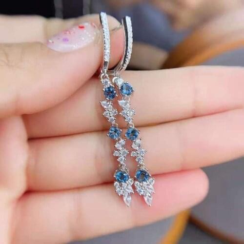 Natural High Quality London Blue Topaz S925 Sterling Silver Long Earrings Fine Fashion Jewelry for Women Free Shipping MeibaPJFS