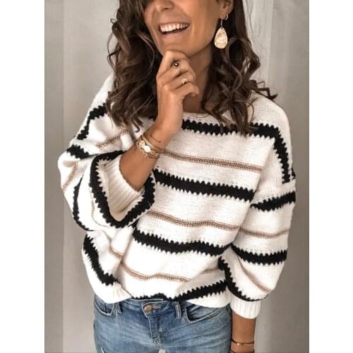 2020 New Women Long Sleeve Sweater Loose Fashion Patchwork O-neck Sweater Winter Pullover Sexy Tops S-2XL Female Top Jumper