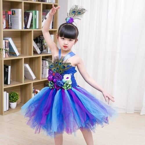 Elegant Kids Party Dresses Floral Peacock Costume for Girls Tutu Dress Dance Ball Gown Princess Baby Vestido Christmas Dress