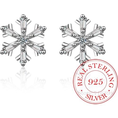 925 Sterling Silver Piercing Crystal Snowflake Stud Earrings for Women Gift Jewelry female Ear pendientes eh1065