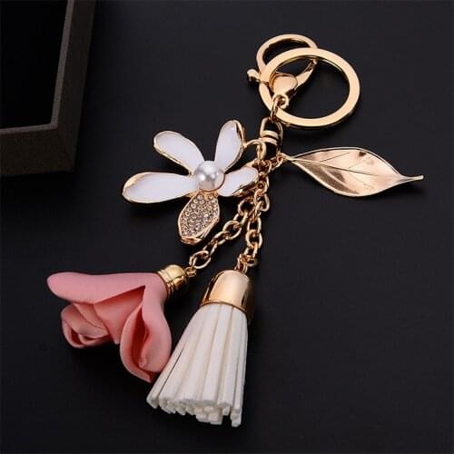 Cloth Flower Keychain Chiffon Tassel Car Key Rings For Women Charm Gold Color Alloy Flowers Key Chain Couple Bag Ornaments Q-006