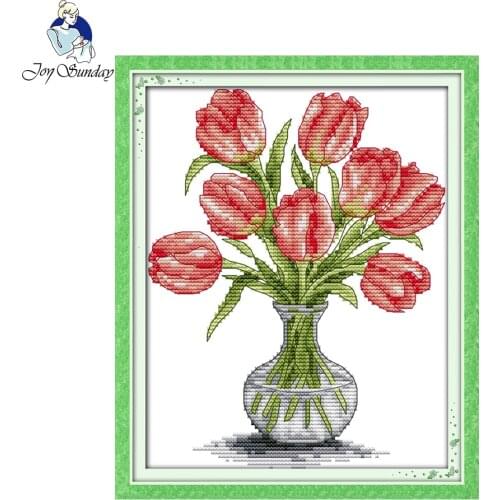 Joy Sunday flower style Tulip vase embroidery cross stitch designs needlepoint patterns stitchery kits for home decoration