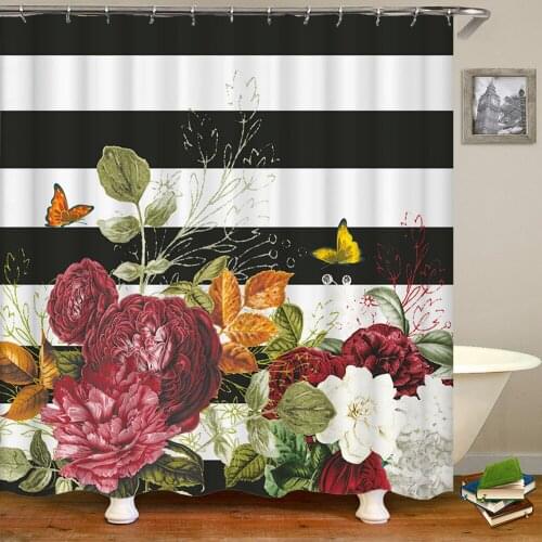 Black White Stripes Flowers Butterfly Pattern Shower Curtain 3D Bath Screen Waterproof Fabric Bathroom Decor Shower Curtains