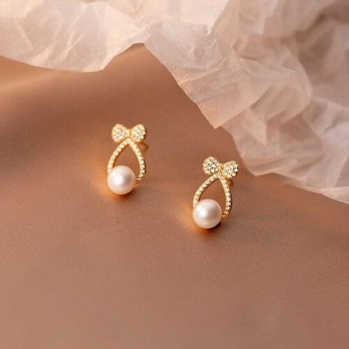MloveAcc 925 Sterling Silver Trendy Round Women Dangle Earrings Bow Pearl Earrings Cute Small Earrings Sweet Simple Elegant Jewe