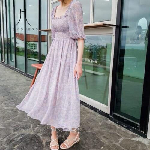 Heydress Women Summer Chiffon Long Maxi Dress Vintage Square Collar Female Purple Dress Casual Holiday Lady Beach Boho Vestidos