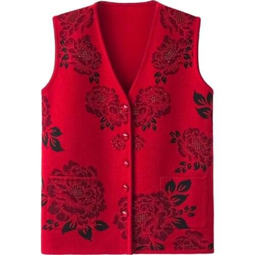 Sweater Vest Womens Wear Fashion Knitted Loose Plus Size Sleeveless Flower Beaded Spring Autumn Casual Old People Vest