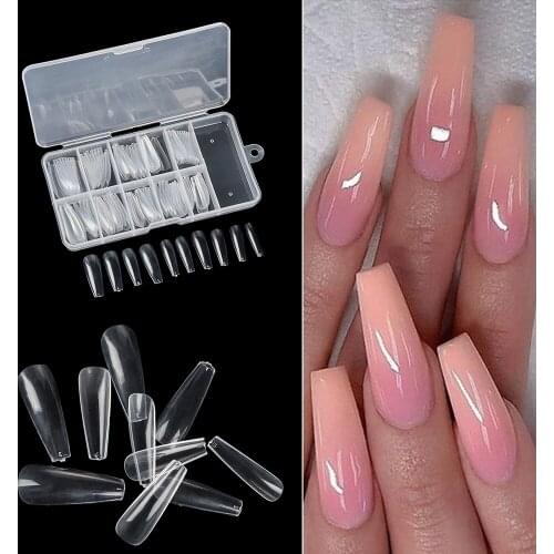 100Pcs/Box Acrylic Fake Nail Clear/White/Natural Ballerina Coffin Full Cover False Nails Art Tips Acrylic Manicure DIY Tools